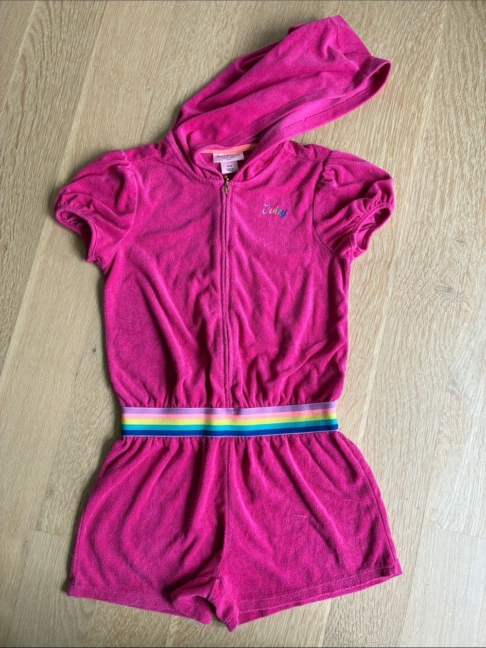 Juicy Couture Hot Pink Hooded Terry Short Romper with Rainbow trim- cover up